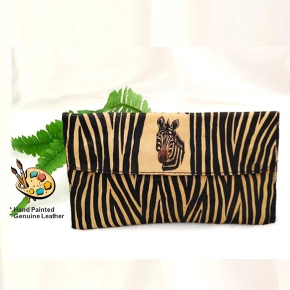HAND PAINTED Zebra Animal Print Wallet Genuine Leather Tan Brown Black Bills Zip - Picture 2 of 11
